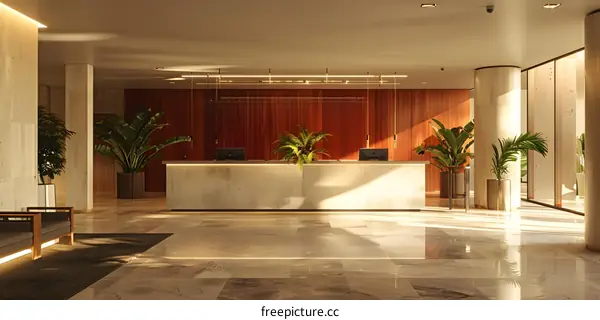 Modern hotel lobby interior with marble floor and wooden reception desk