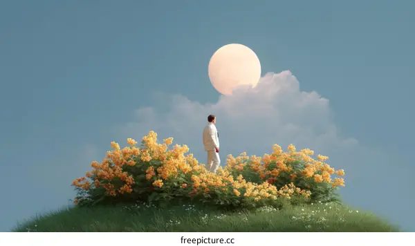 A Man Walks Toward the Moon in a Field of Flowers