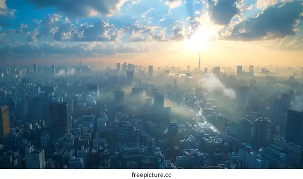 Sunrise over a Misty Japanese Cityscape