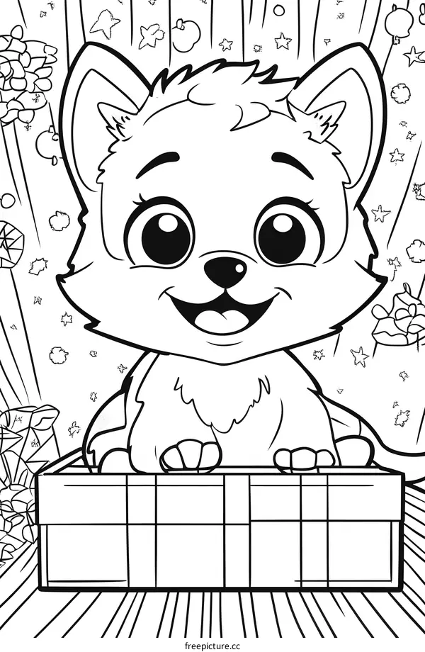 Cute Cartoon Puppy Dog In A Gift Box Coloring Page