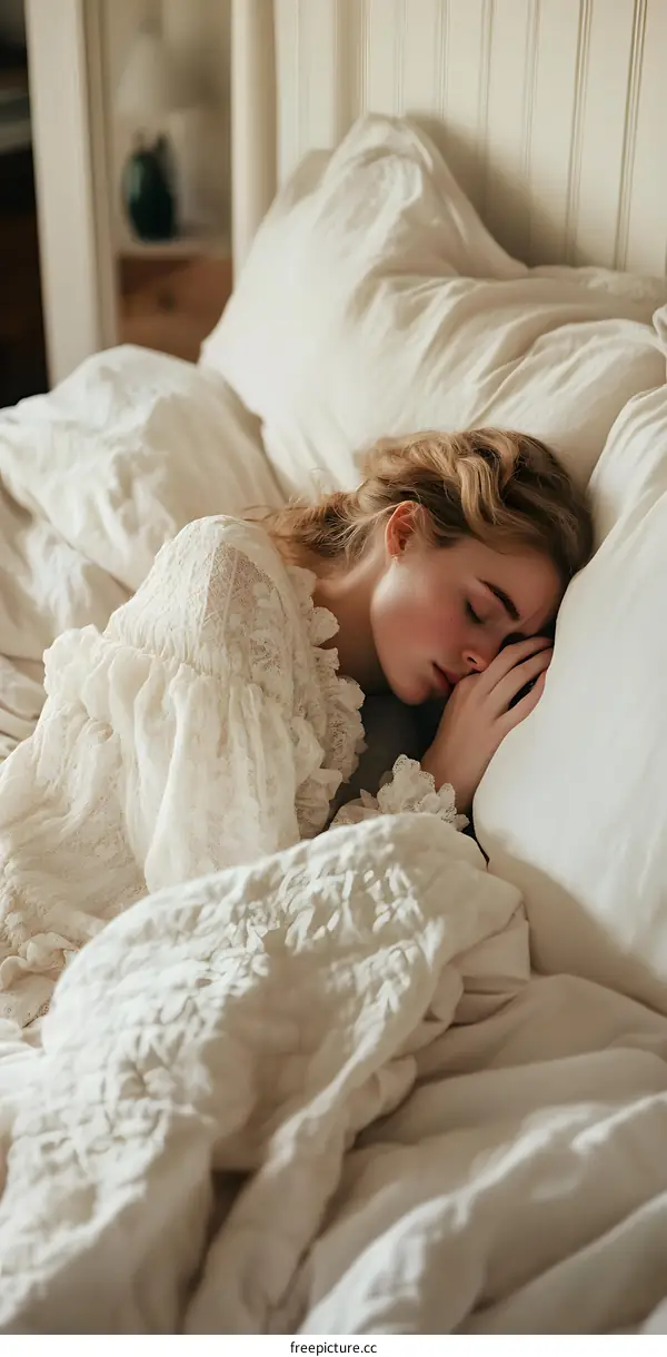 Woman Sleeping in Bed with White Bedding