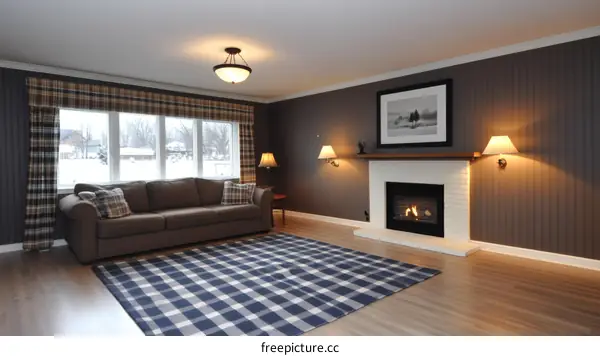 Cozy Living Room with Plaid Rug and Fireplace
