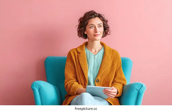 Woman in Teal Armchair,  Modern Fashion,  Pink Background,  Digital Device