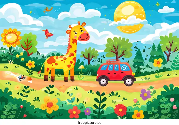 Cartoon Illustration Of Giraffe And Car In A Summer Forest