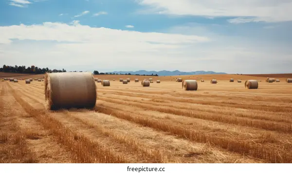 Golden Hay Bales in a Field under Blue Sky