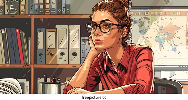 Woman with Glasses Sitting at Desk Thinking with World Map on Computer Screen