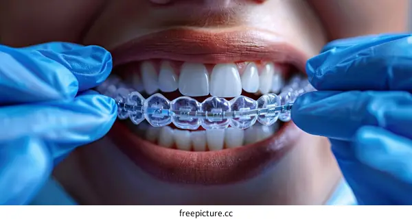Close-up of a woman with clear braces on her teeth