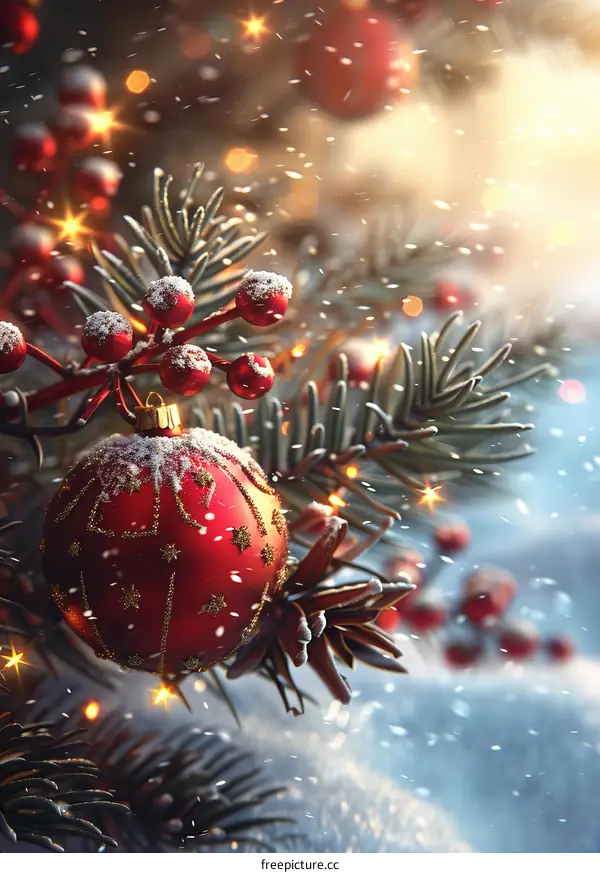 Red Christmas Ornament Hanging on Snowy Tree Branch