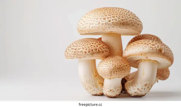 Close-up of a group of brown mushrooms on a white background
