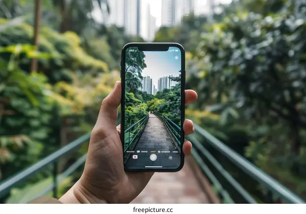 Hand Holding Phone Taking Picture Of Green Pathway