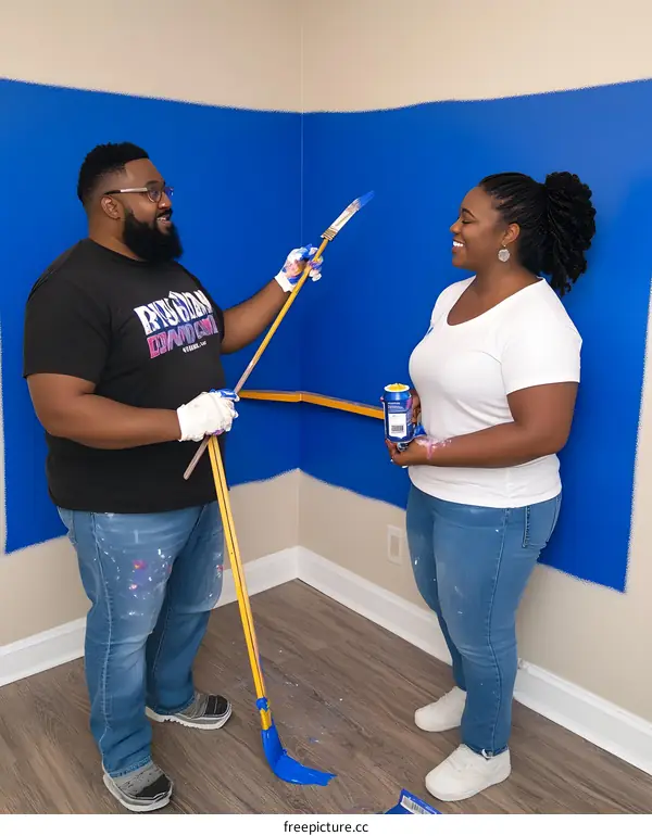 Couple Painting Room Together Blue Paint Home Renovation