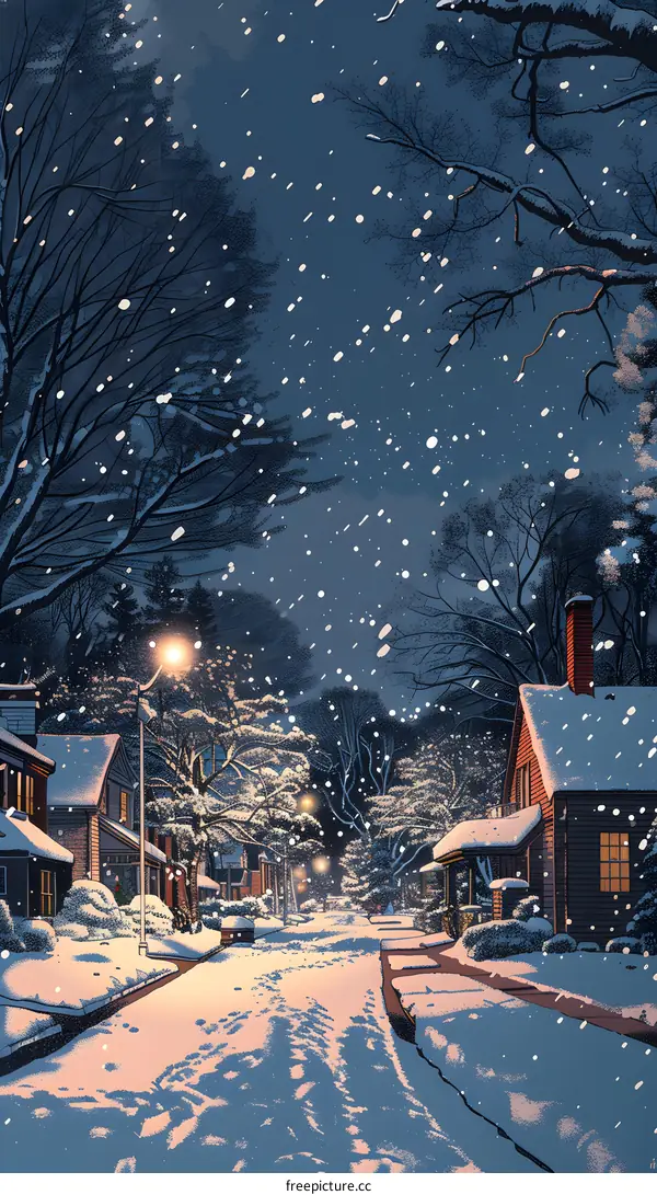 A snowy street in a small town