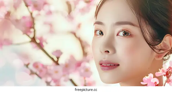 Beautiful Asian Woman with Cherry Blossoms