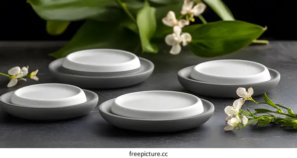Gray and White Ceramic Dishes with Flowers