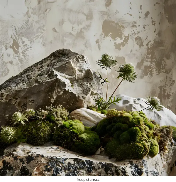 Close Up of Moss and Flowers on Rocks