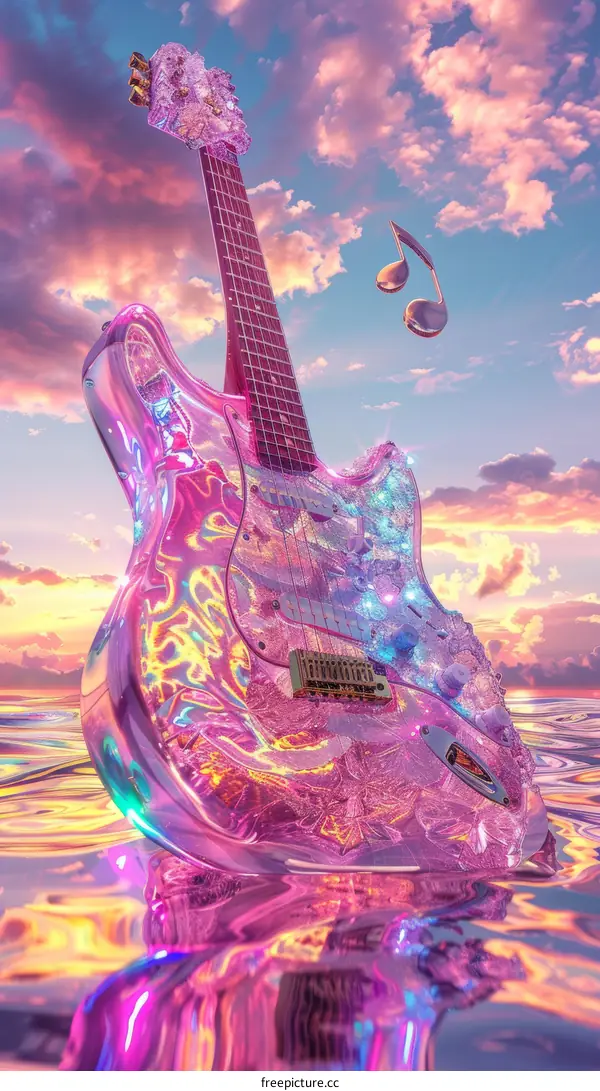 Pink Crystal Guitar Floating on Water at Sunset