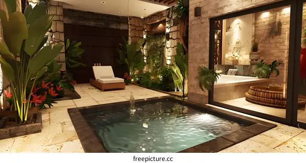 Tropical Resort Courtyard with Plunge Pool and Waterfall
