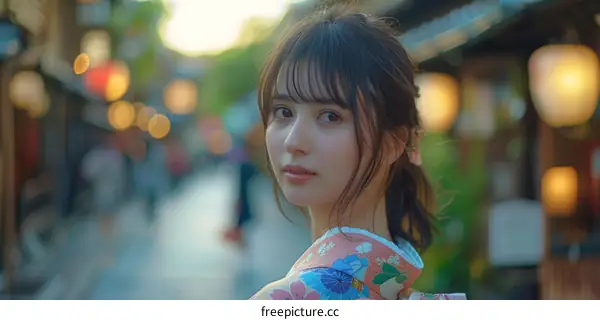 Japanese Woman in Kimono in a Street Scene