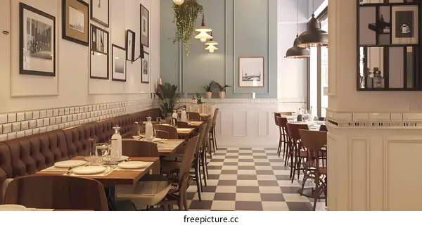 Modern Restaurant Interior Design with Checkerboard Floor and Wooden Tables