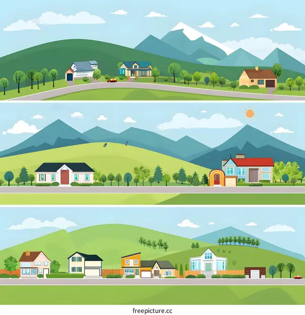 Beautiful Green Landscape with Houses and Mountains