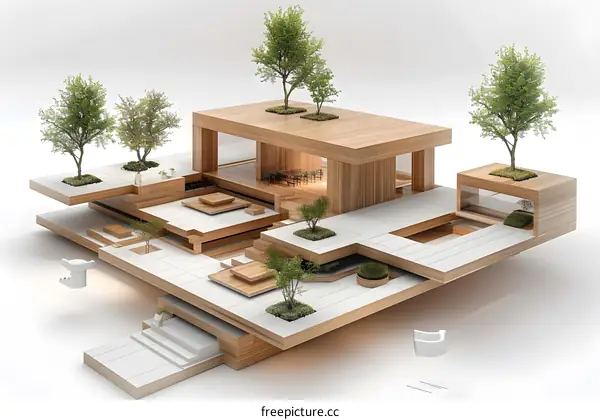 A wooden house with trees on the roof and inside