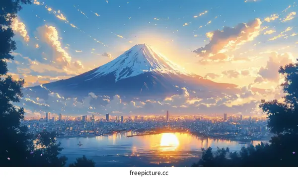Beautiful Sunrise over Fuji and Cityscape Illustration