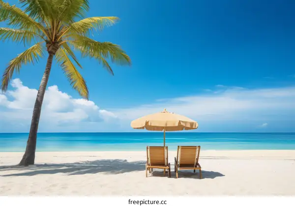 Two Empty Beach Chairs Under Palm Tree on White Sand Beach