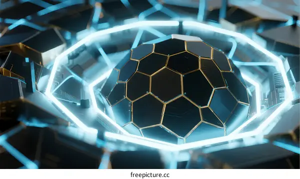 Abstract 3D Hexagonal Sphere with Blue Glowing Circuitry