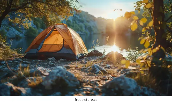 Camping tent by lake at sunset