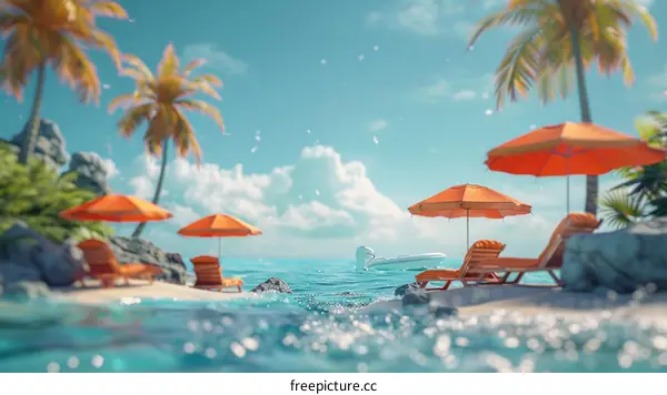 Beach with palm trees and orange beach chairs and umbrellas
