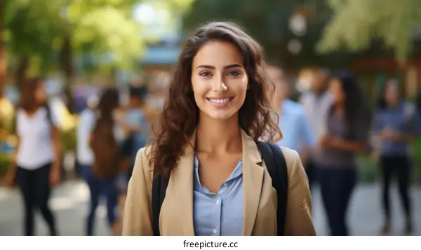 portrait of a young woman smiling with a blurred background of people