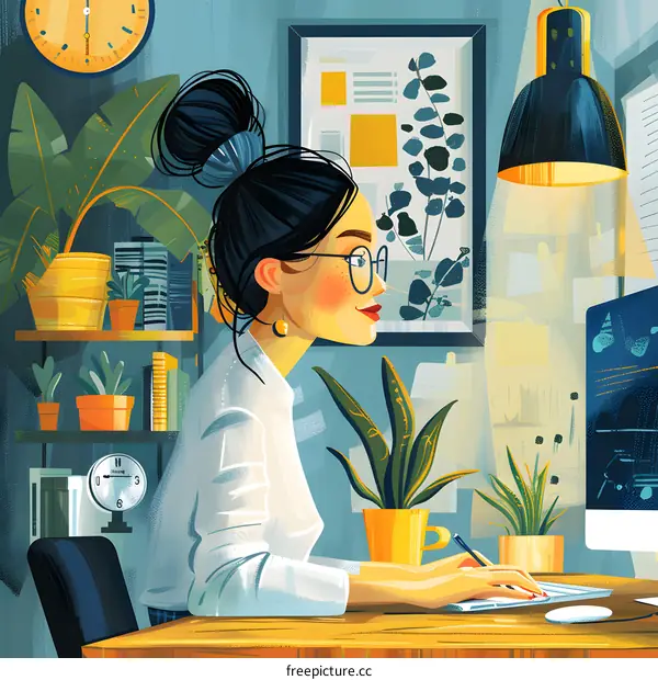 A woman is working at her desk in her home office.