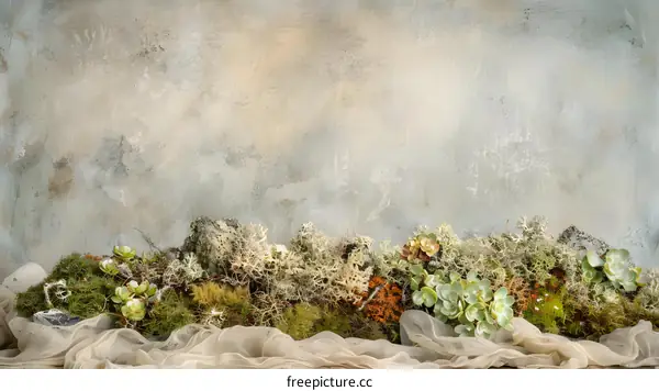 Green Moss and Succulents on a Rustic Wall Background