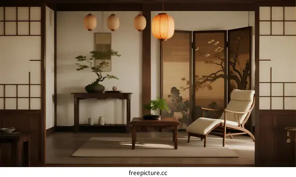 Traditional Japanese Living Room with Minimalist Decor and Natural Elements