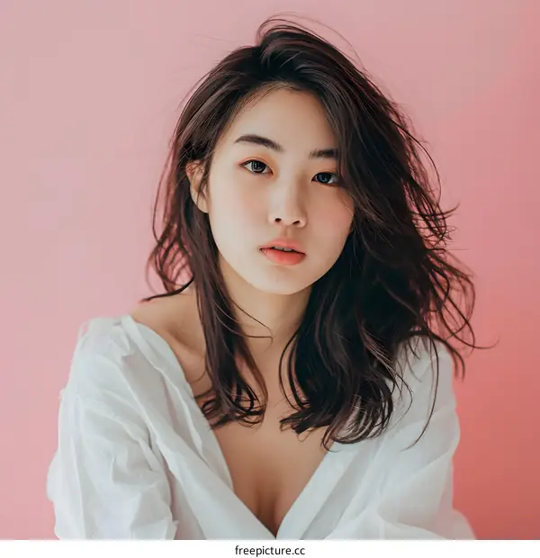 Portrait of Young Asian Woman with Loose Hair Wearing White Shirt