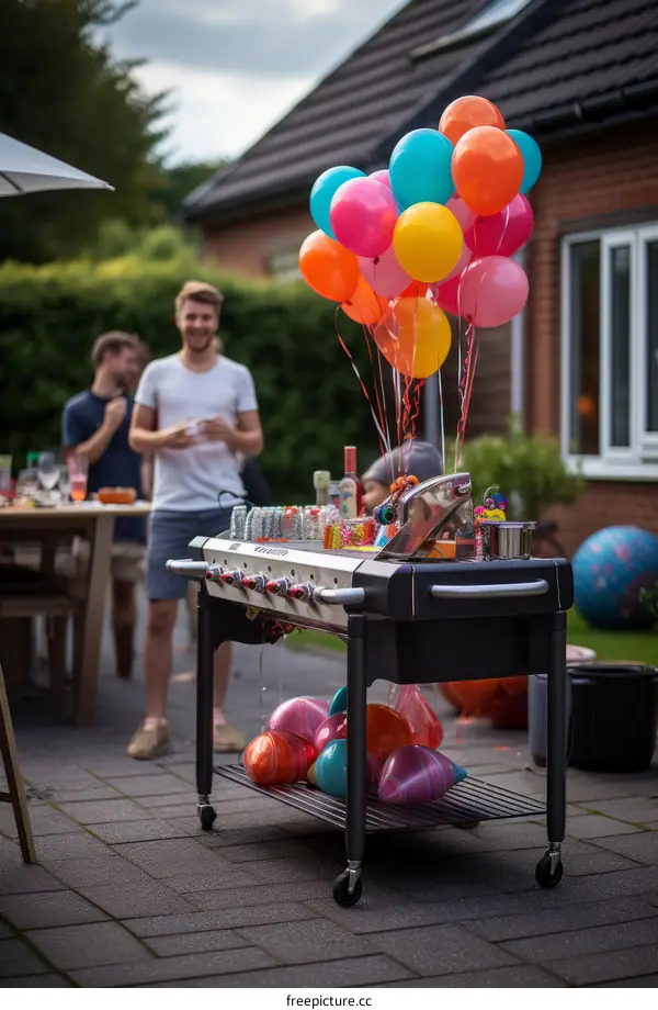 Colorful balloons and barbecue grill in the backyard