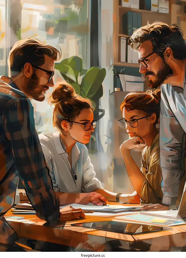 Four people in a meeting discussing ideas