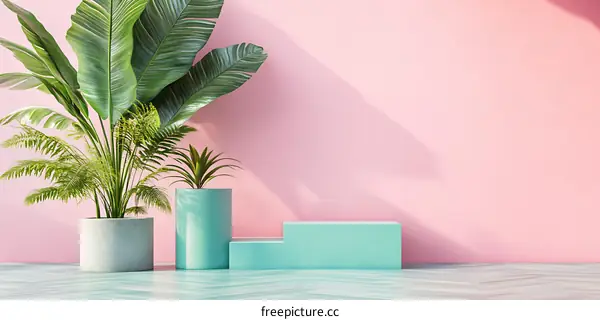 Minimalist Green Plants and Turquoise Platforms Against Pink Wall