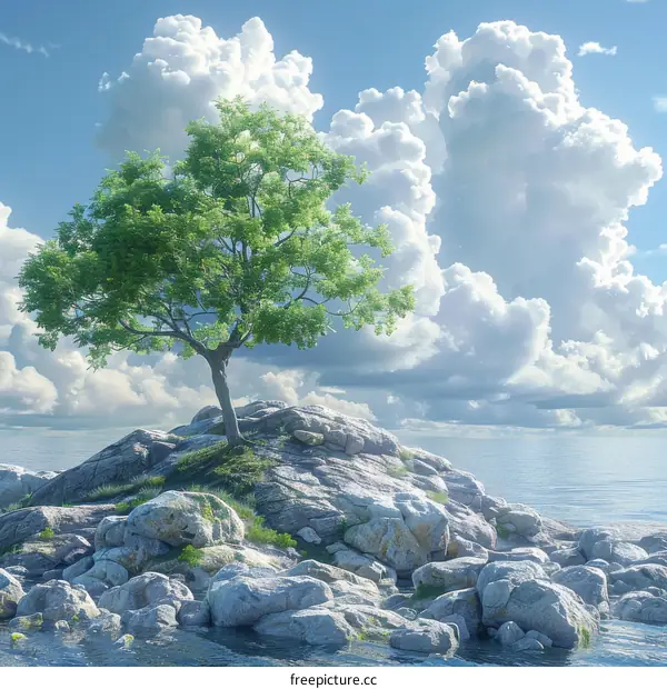 Lonely Tree on Rocky Outcrop in Ocean