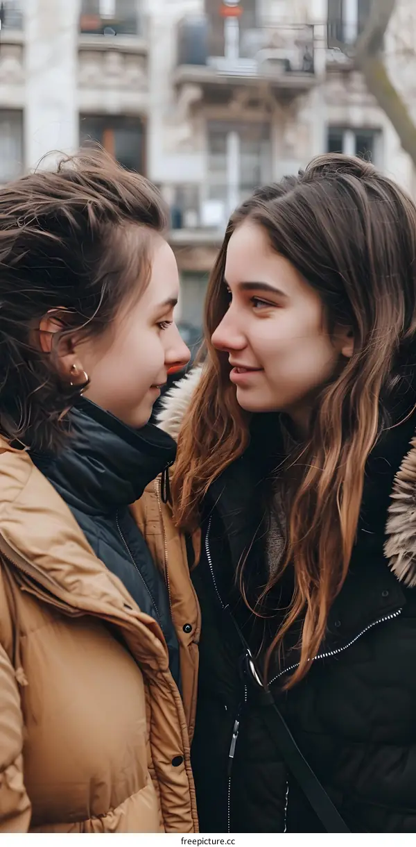 Two Women In Winter Jackets Looking At Each Other