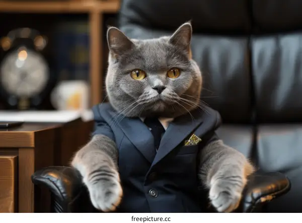A gray cat wearing a suit and tie is sitting in a leather chair and looking at the camera.