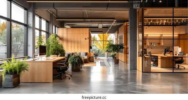 The office has wooden furniture and plants throughout.