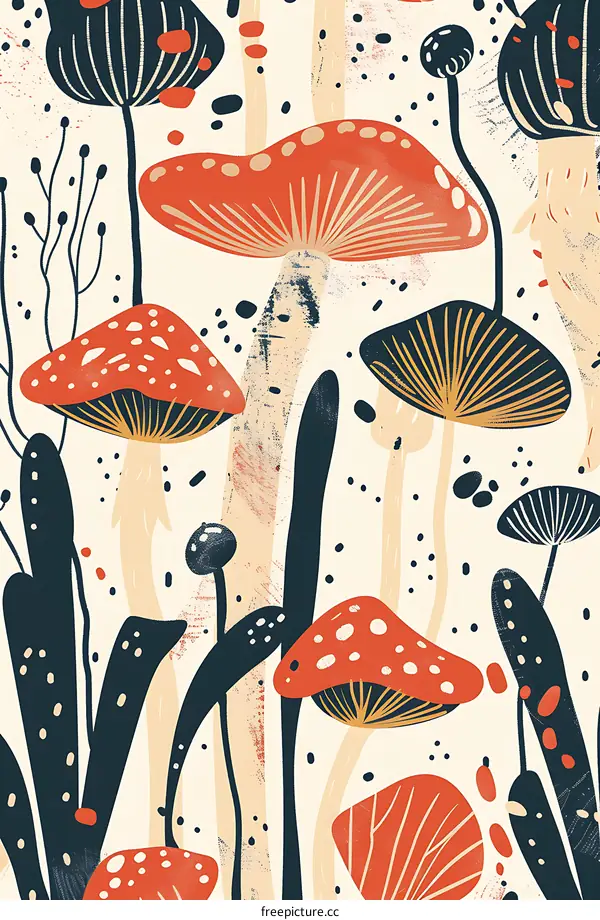 Abstract Colorful Illustration with Mushrooms and Plants