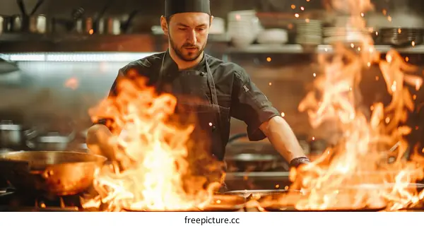 Focused male chef cooking with fire in kitchen
