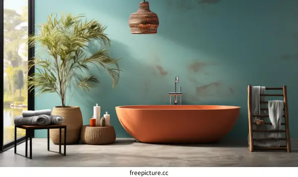 A bathroom with a large orange bathtub, a palm tree, and a woven pendant light