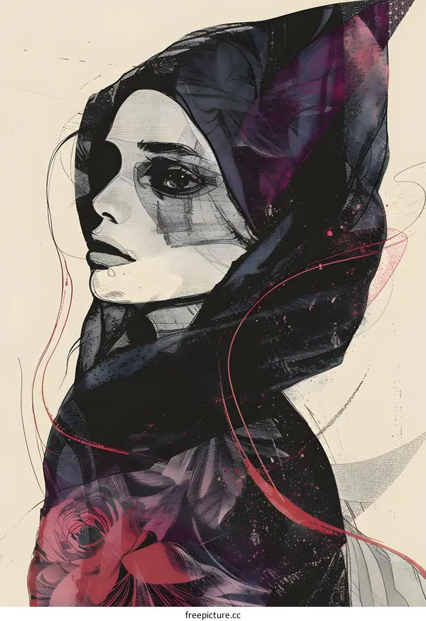 Abstract Female Portrait in Black and Red Colors