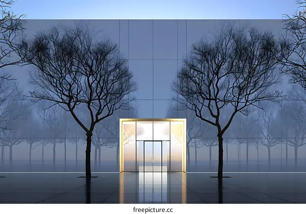 Modern Glass Doors Entrance With Trees