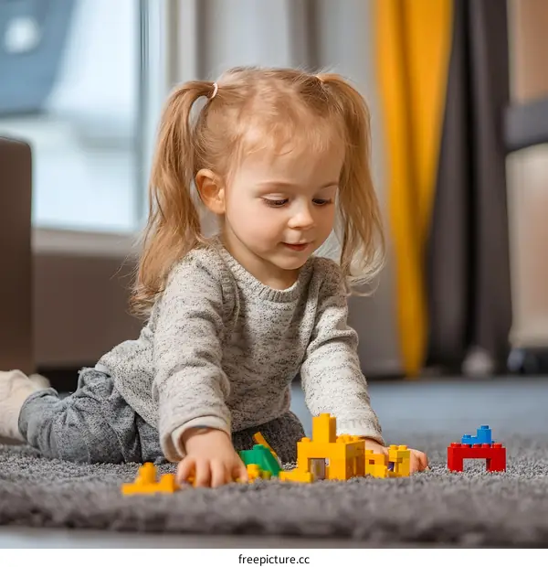 Little Girl Playing With Colorful Building Blocks on the Floor