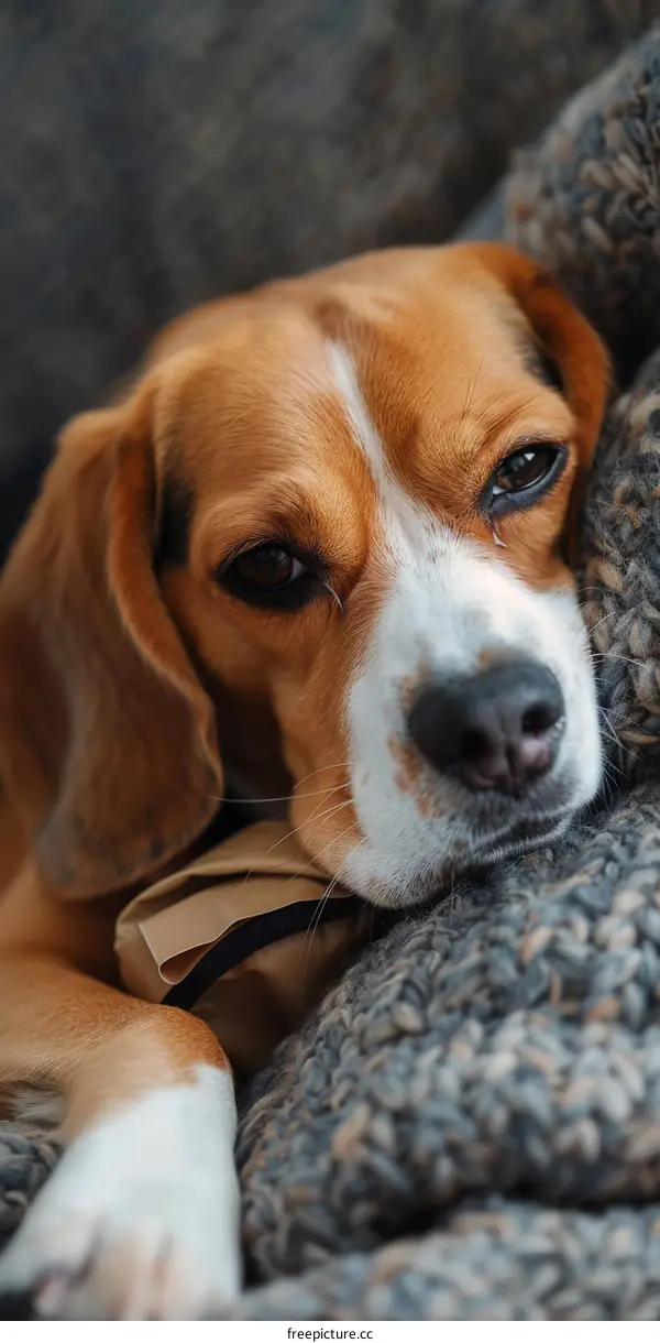 A beagle dog is lying on a gray blanket