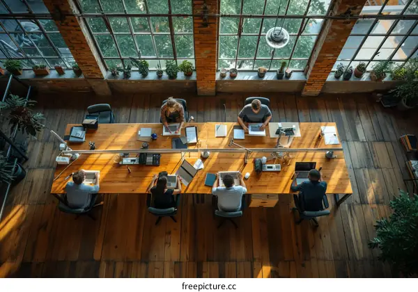 Top view of diverse business team working together at wooden table in creative office space
